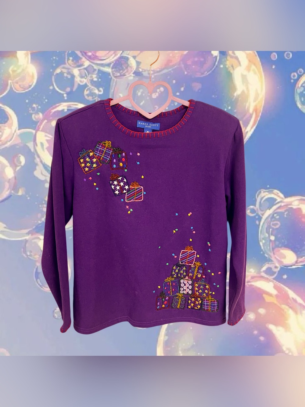 Vintage Karen Scott Sport purple embroidered birthday party gifts sweater shirt